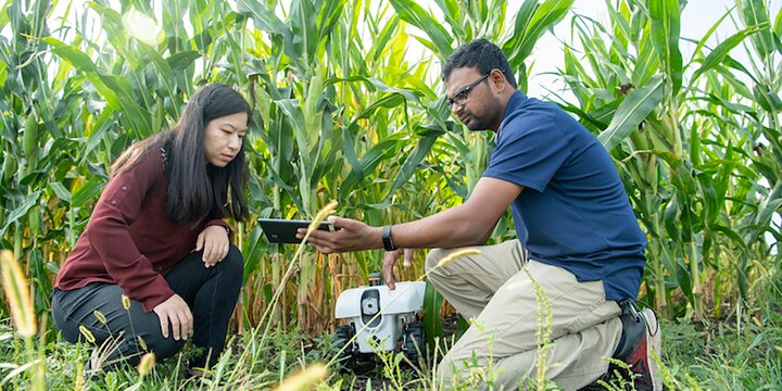 Two students in a field with agriculture technology